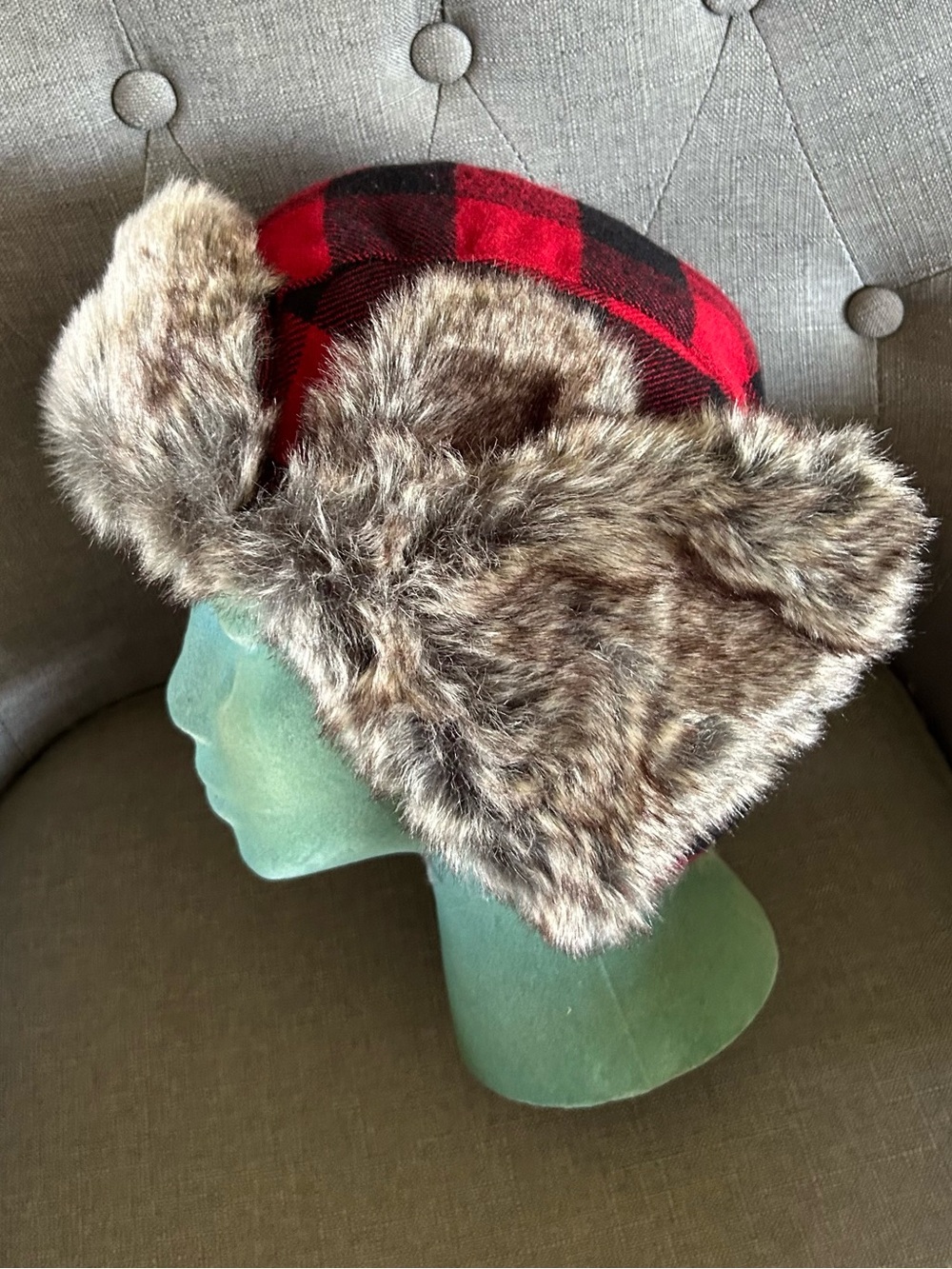 Adult one size Red Buffalo Plaid Faux Fur Trapper Hat